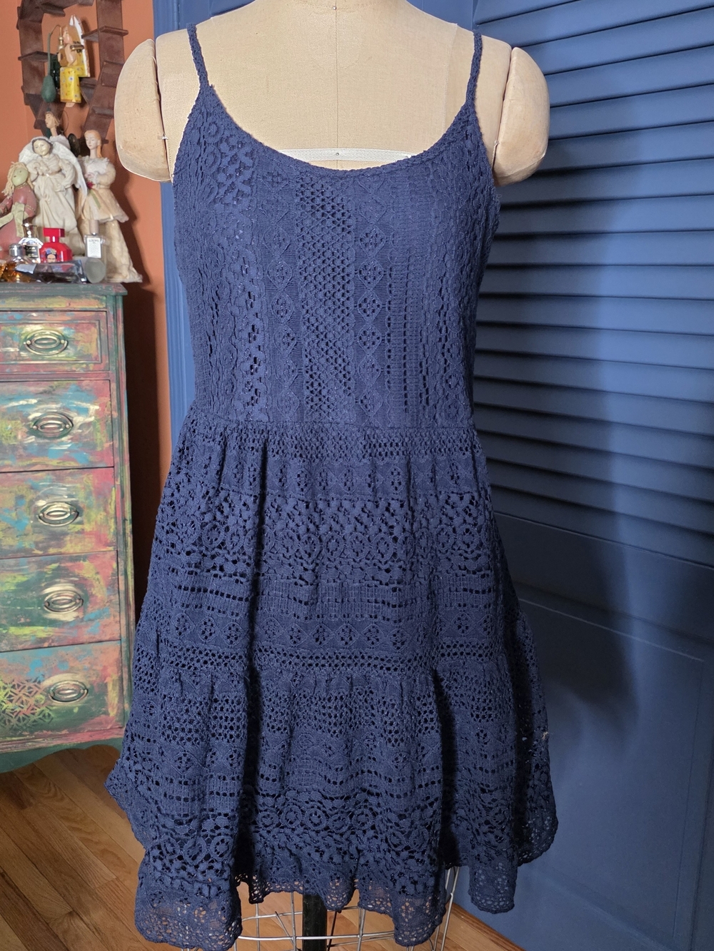 Crochet Lace Spaghetti Strap Mini Dress in Navy
